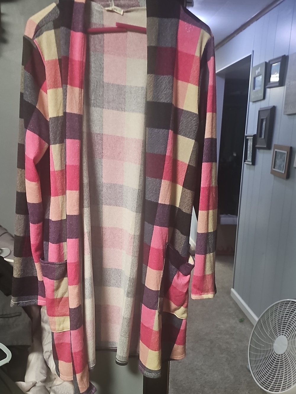 Open-Front Checkered Cardigan - Pink & Gray